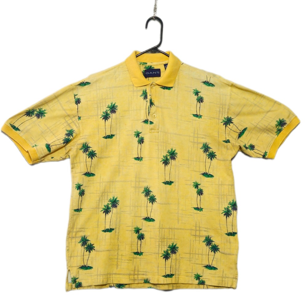 Vintage Polo Shirt Mens M Yellow Tropical Palm Tree Print Cotton Short Sleeve